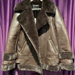 BNWT River island faux fur aviator jacket in chocolate brown US SIZE 6